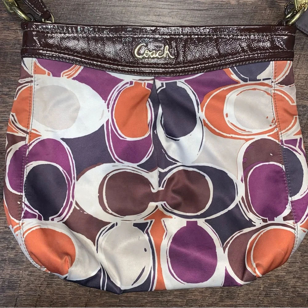 COACH Ashley Signature Satin Monogram Hobo Patent Leather Purse Purple Brown - Picture 10 of 11